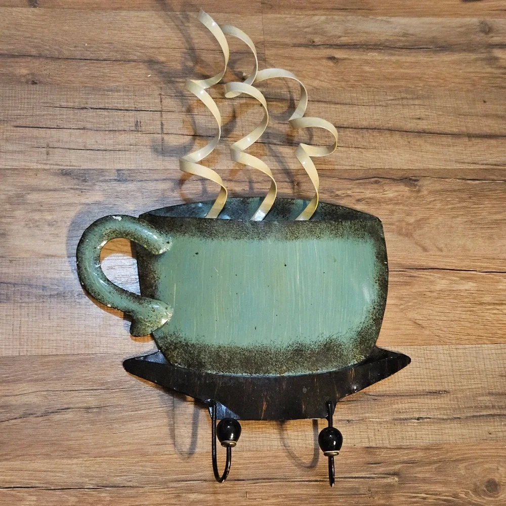 Coffee Cup Wall Decor w/ Hooks, Teal Green‎ Mug Kitchen Home Decoration